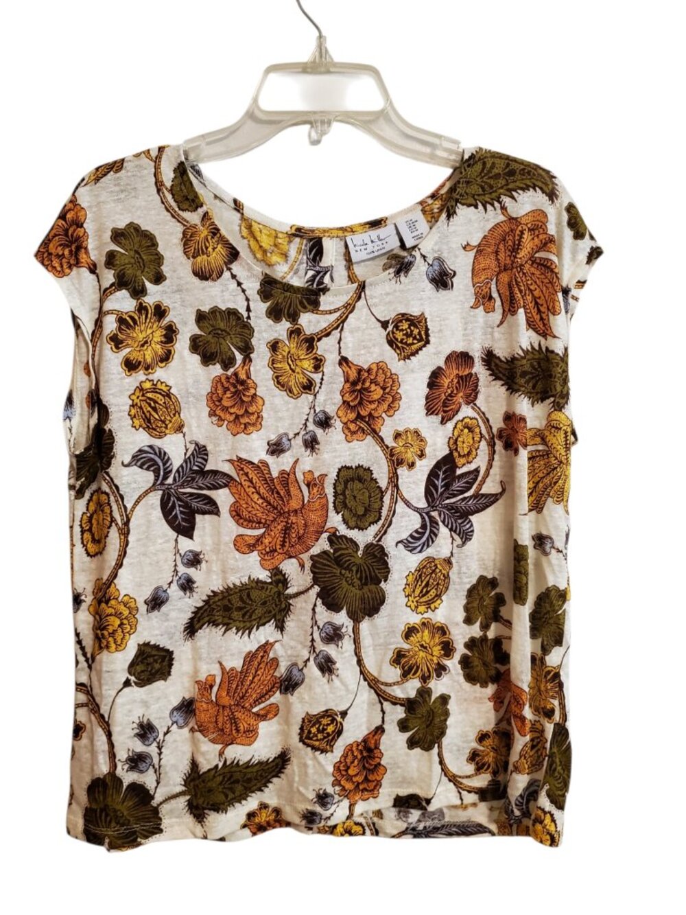 Nicole Miller 100% Linen Artsy Floral Bird Pullover Blouse M